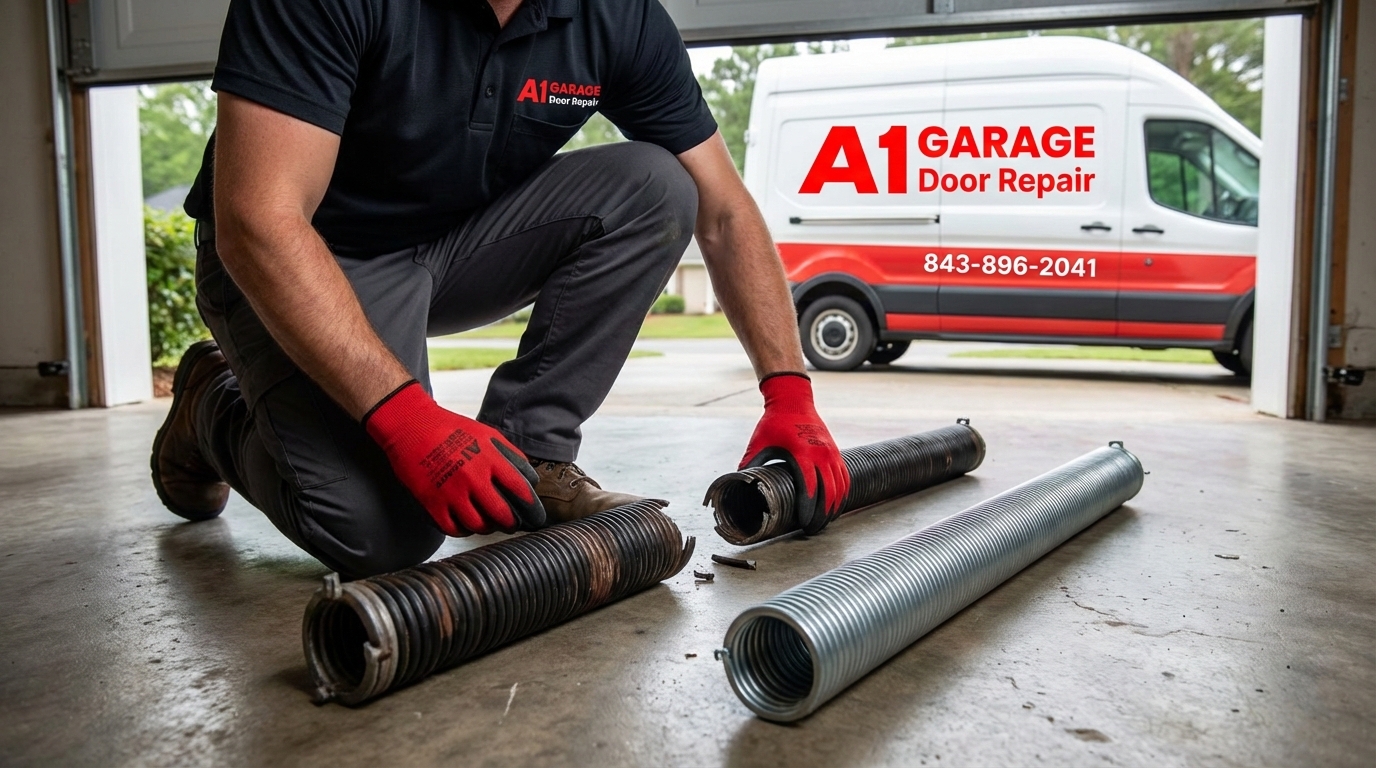 A1 Garage Door Repair technician replacing broken torsion springs on a residential garage floor.jpg in Charleston, SC